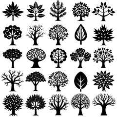 30 pieces, tree icons vector silhouette on white background 
