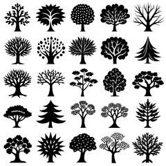 30 pieces, tree icons vector silhouette on white background  - obrazy, fototapety, plakaty