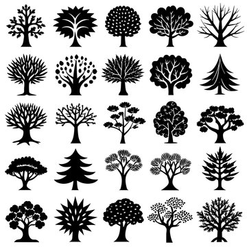 30 pieces, tree icons vector silhouette on white background 