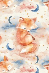 Naklejka premium Sleeping Fox Watercolor Painting