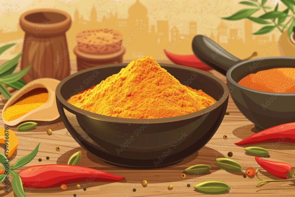 Poster turmeric and spices on table