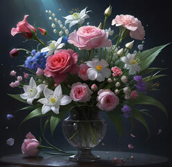 a beautiful bouquet of spring flowers in a glass vase stands on the table,	
