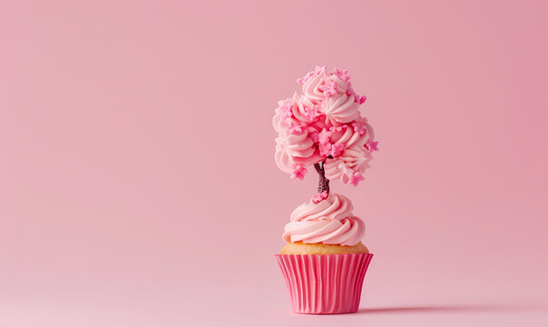 cupcake with cream flower on pink background