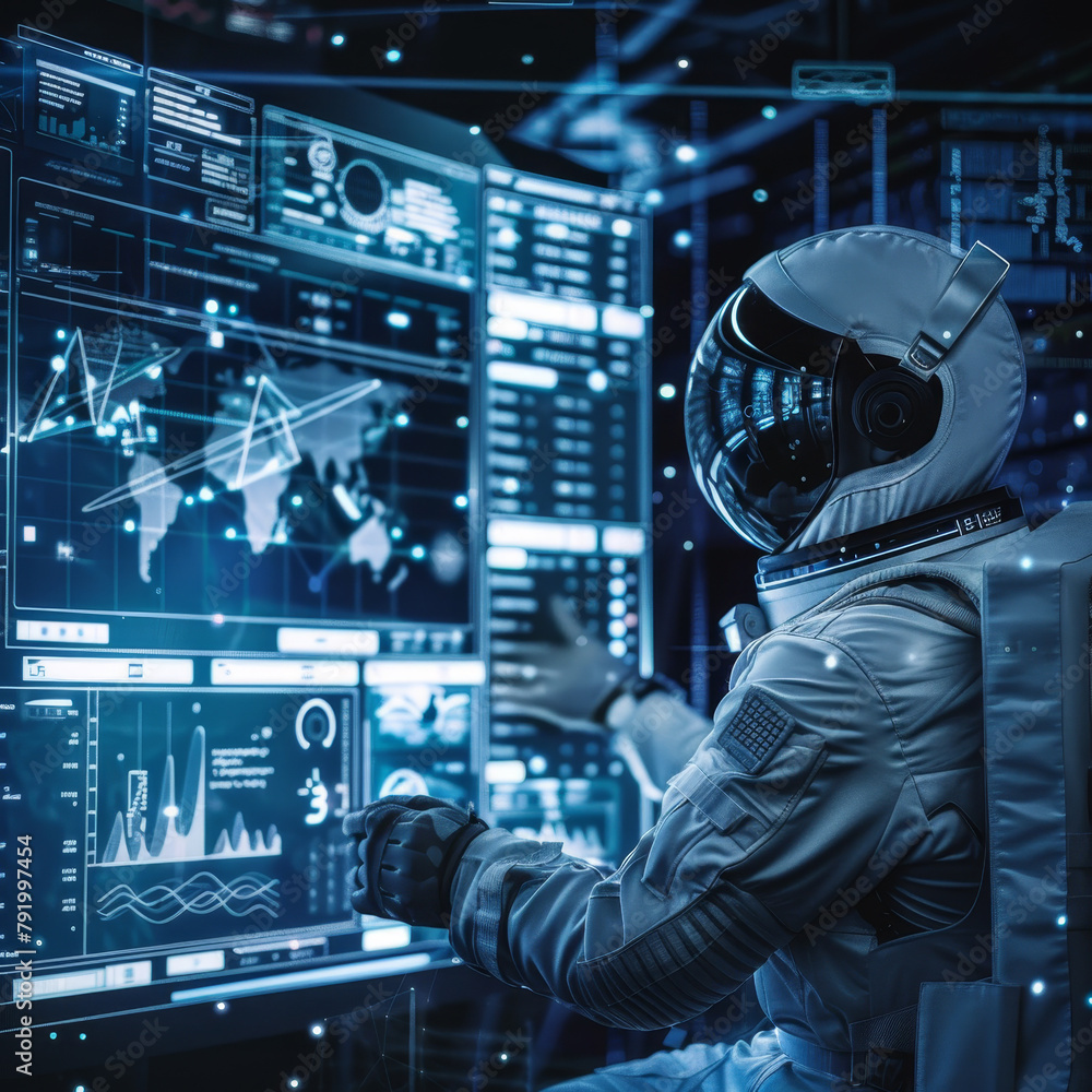 Wall mural an astronaut in a futuristic spacesuit is sitting in a control room, surrounded by screens and holog