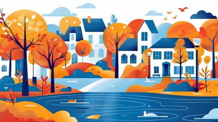 Autumnal landscape with houses, trees, and a river. Vector illustration in a modern flat design.