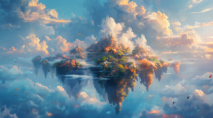 Dreamscape Odyssey: Oil Painting Captures Serenity Amidst Floating Flowers and Butterflies - obrazy, fototapety, plakaty