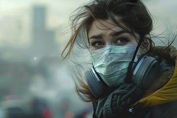 Resilient Young Woman Wearing a Protective Mask, Braving the City’s PM 2.5 Dust and Air Pollution Amidst Smoggy Weather - obrazy, fototapety, plakaty