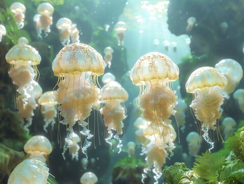 A 3D depiction of a jellyfish nursery, with juvenile jellyfish bobbing gently in shallow, sunlit waters