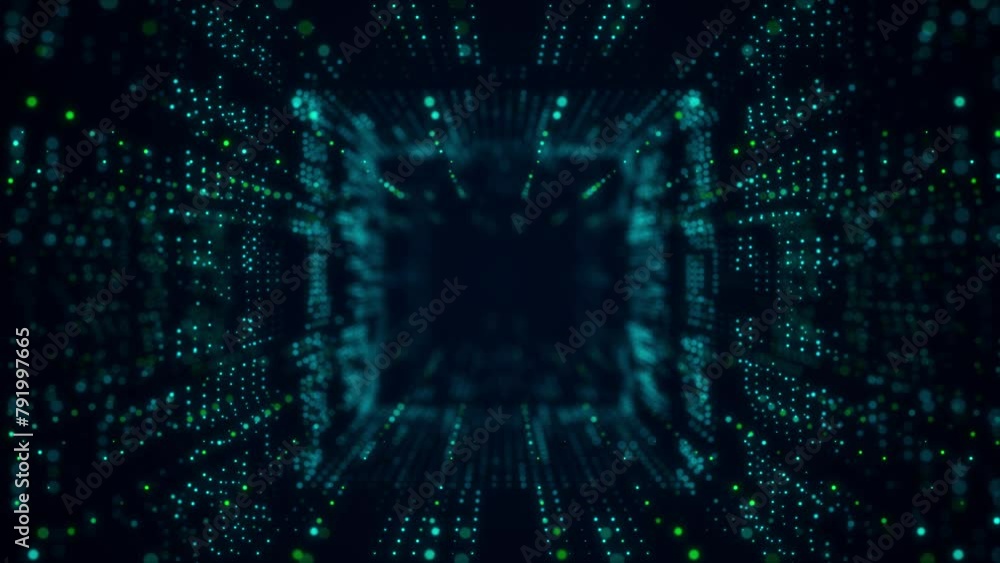 Poster technology wireframe square tunnel on dark background. futuristic 3d wormhole grid. digital dynamic 