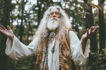 old druid or wizard in the forest or woods, nature philosophy, irish folklore, healer, bard