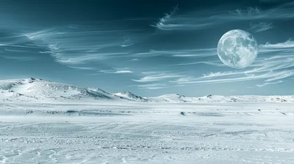    A snowy landscape under a full moon Few clouds dot the night sky A towering mountain stands in the background © Viktor