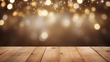 Empty wooden table top with defocused bokeh Christmas Fair lights background. Template for product display сreated with Generative Ai