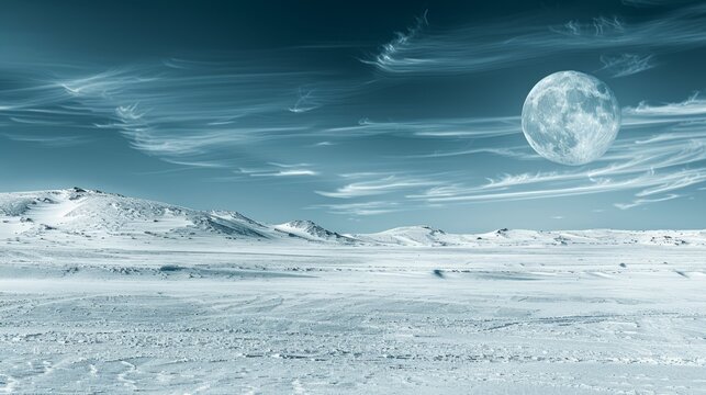   A snowy landscape under a full moon Few clouds dot the night sky A towering mountain stands in the background