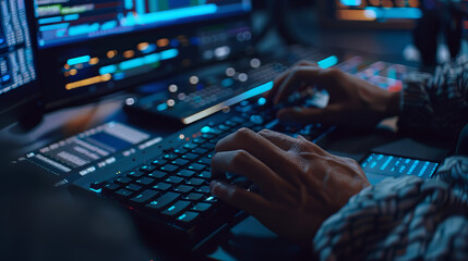 hands of a programmer or hacker on the keyboard, fixing vulnerabilities in software, close-up of entering commands and code on the screen, illustrating maintenance and response to threats,