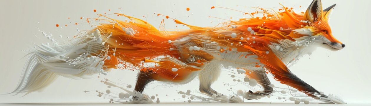 A 3D render of a fox, cunningly crafted from orange and white threads, its tail bushy and eyes alert