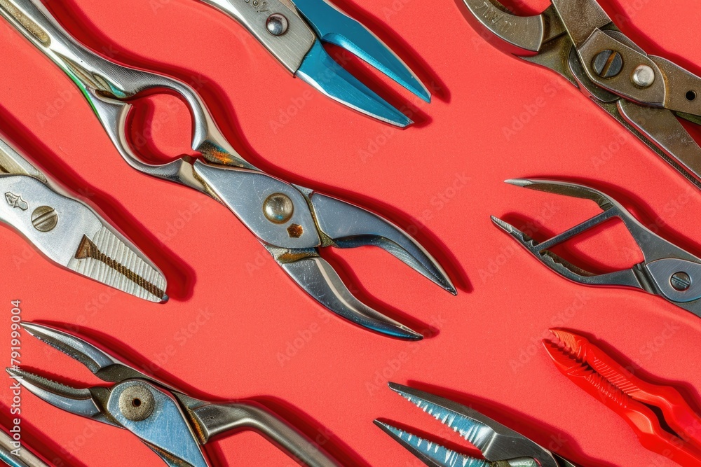 Poster various types of pliers on red surface