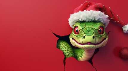 Festive Holiday Snake in Santa Hat Emerging Through Red Background. copy space. horizontal concept for New Year banner. Year of green snake
