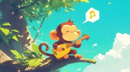 Foto op Canvas In the cartoon an adorable monkey is seen playing a musical instrument while a speech bubble icon adds a touch of animated charm to the scene © AkuAku