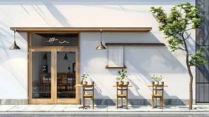 a Japanese cafe with tables and chairs arranged outside, cups placed thoughtfully on the tables, and the warmth of noon sunlight streaming through a large glass window.