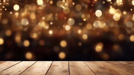Empty wooden table top with defocused bokeh Christmas Fair lights background. Template for product display сreated with Generative Ai - obrazy, fototapety, plakaty