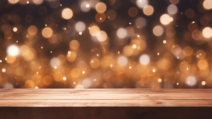 Empty wooden table top with defocused bokeh Christmas Fair lights background. Template for product display сreated with Generative Ai