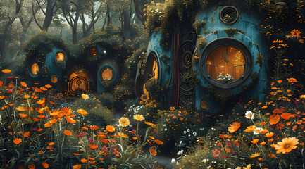 Intricate Fusion: Oil Painting Captures Nature and Machinery in Steampunk Garden - obrazy, fototapety, plakaty
