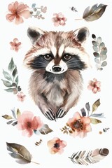 Raccoon surrounded by flowers and leaves