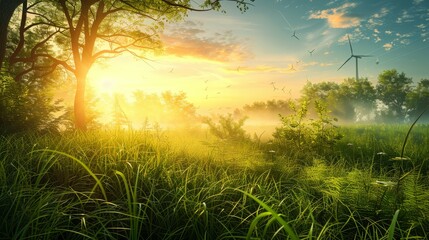   The sun brightly shines through trees and grass; windmills dot the background - obrazy, fototapety, plakaty