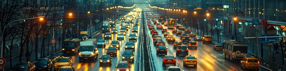 Fototapeta na wymiar Traffic jam in urban street vehicles in row
