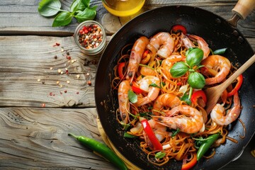 Shrimp and Vegetable Stir Fry on Wooden Table