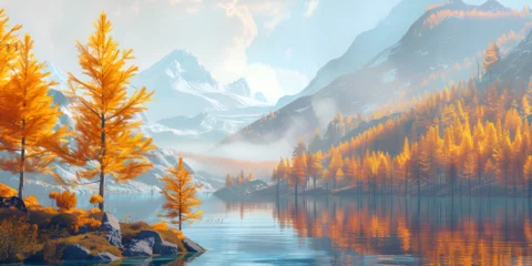 Fotobehang tranquil Autumn Scene Lake and Mountain Landscape © Adnan