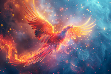 Colorful mythological Phoenix bird soars through the sky, immortal, resurrection concept