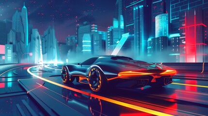 Futuristic sports car on neon-lit city road. Cyberpunk cityscape with vibrant colors