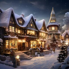 Beautiful Christmas and New Year winter landscape with a cozy house in the village.