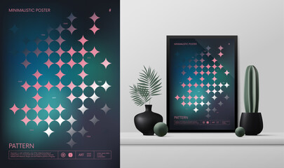Vector gradient minimalistic rave Poster with strange wireframes graphic assets of geometrical shapes Y2K design inspired by brutalism and mockup in the interior, dark iridescent art with pink romb