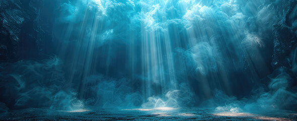  A dramatic ocean scene with stormy clouds and rays of light piercing through, on a dark blue background, in the digital art style. Created with Ai