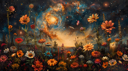 Fototapeta na wymiar Cosmic Floral Elegance: Oil Painting Showcases Flowers and Butterflies Amongst Stars
