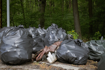 Kyiv, Ukraine. April 21, 2024. On a day off, people gathered in Holosiivsky Park to clean up so...
