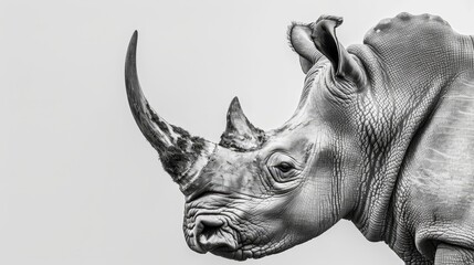   A monochrome image of a rhinoceros's head displaying a lengthy horn and a curved tail