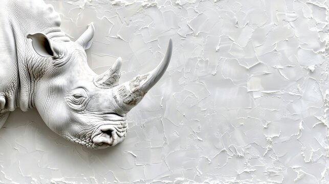   A wall-mounted rhino head portrait with paint splatters at its back