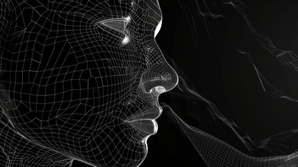 Digital wireframe of a human profile on black background