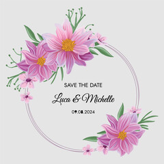 Watercolor pink flowers circle frame for wedding invitation