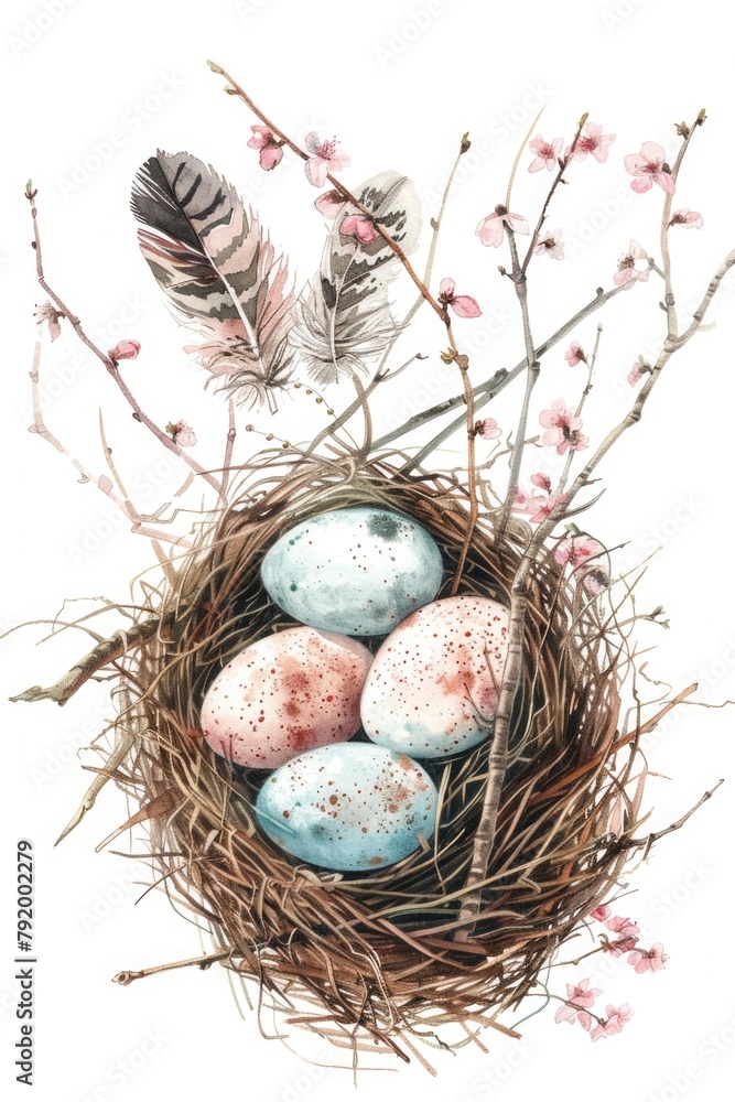 Poster nest with eggs and feathers