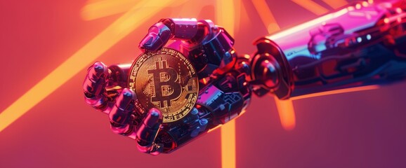 A robotic hand holding a bitcoin with a gradient background in the style of cyberpunk. It has a futuristic feel with high resolution
