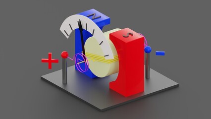 Galvanometer 3d illustration showing its main parts and functioning elements