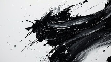 Minimalist yet bold abstract black brush strokes and splash art on a white canvas, designed to evoke emotion and thought, perfect for use in creative projects, wallpapers, and modern art installations