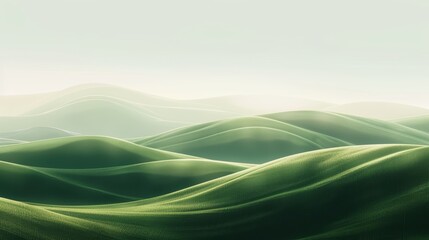 Panoramic abstract of undulating green hills, with soft shadows playing over the curves, creating a soothing wallpaper background in a wide aspect ratio