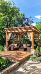 a gazebo with an elegant and sturdy wooden structure, adorned with tan fabric canopies, as seen from the front of a cozy outdoor sofa.