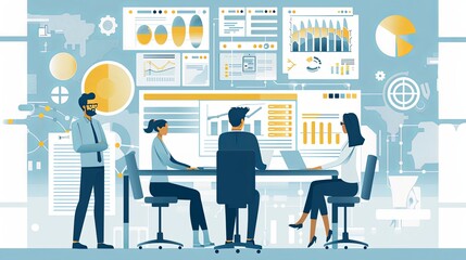 Flat design illustration of a business analytics team in a meeting with charts and graphs.