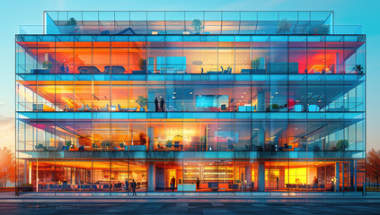  An architectural rendering of an office building with multiple floors, cutaway showing interior spaces and furniture, glass facade with orange accent color. Created with Ai